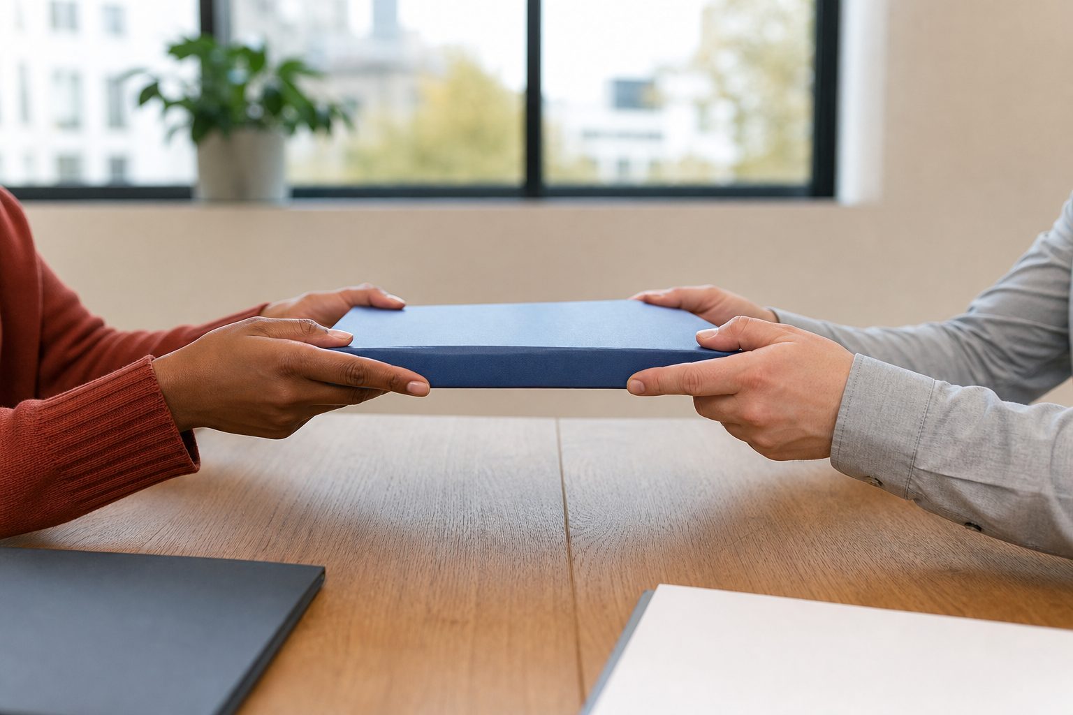 Two people seen from the chest down passing a closed blue document folder across a wooden meeting table in a bright office