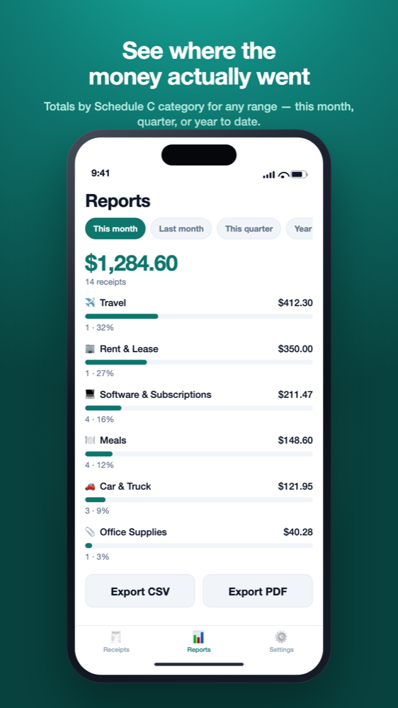Illustrative InvoScan Reports screen with range chips, a period total, category bars and Export CSV and Export PDF buttons