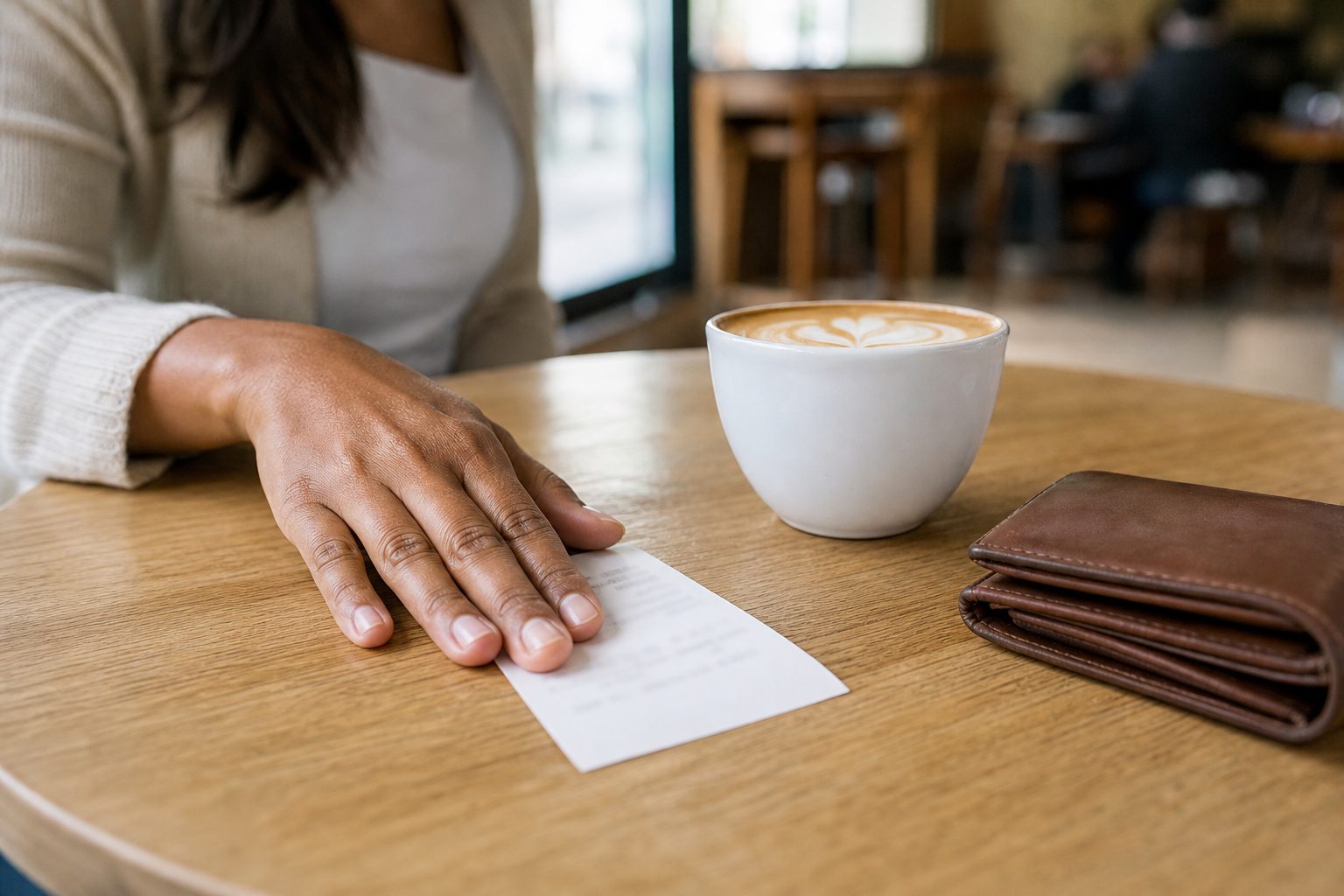 A woman’s hand pressing a paper receipt flat on a round wooden café table, beside a cup of flat white with latte art and a folded brown leather wallet