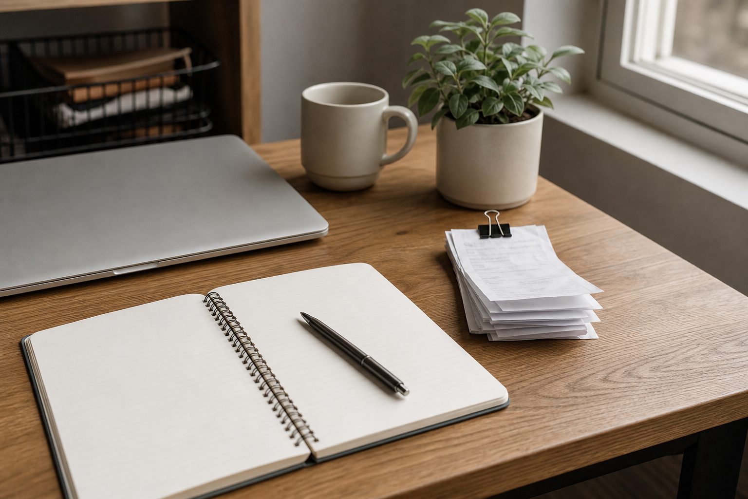 A tidy home-office desk with a closed silver laptop, an open spiral notebook with a pen, and a small stack of paper receipts held together with a black binder clip