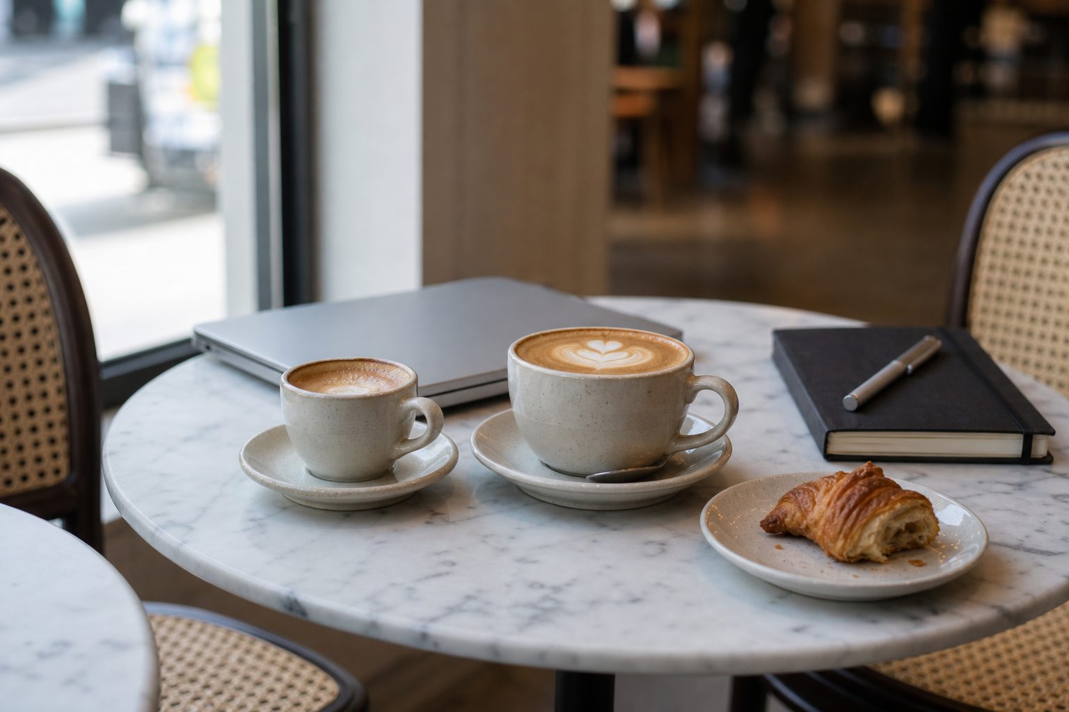 Two coffee cups on saucers, a closed laptop, a notebook with a pen and a half-eaten croissant on a round marble café table, with the chairs empty