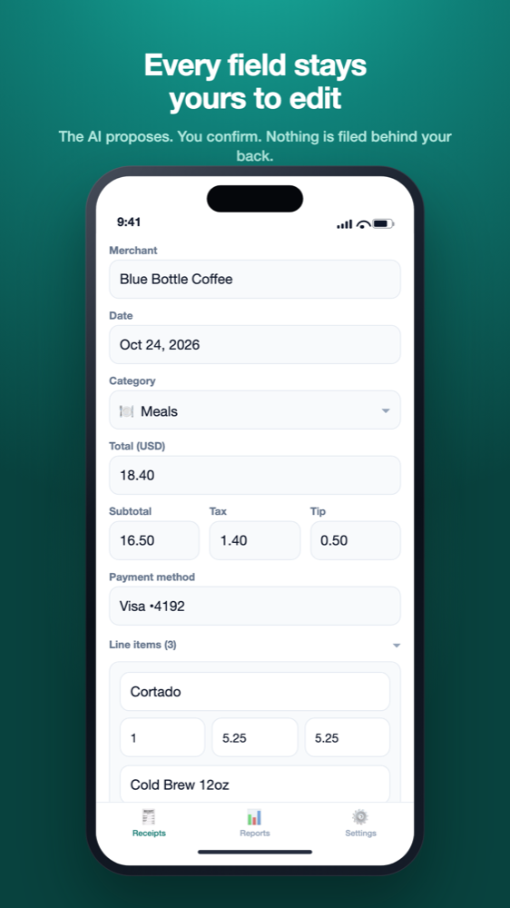 Illustrative InvoScan review screen for a fictional coffee-shop receipt, with the category picker set to Meals and editable total, tax and tip fields